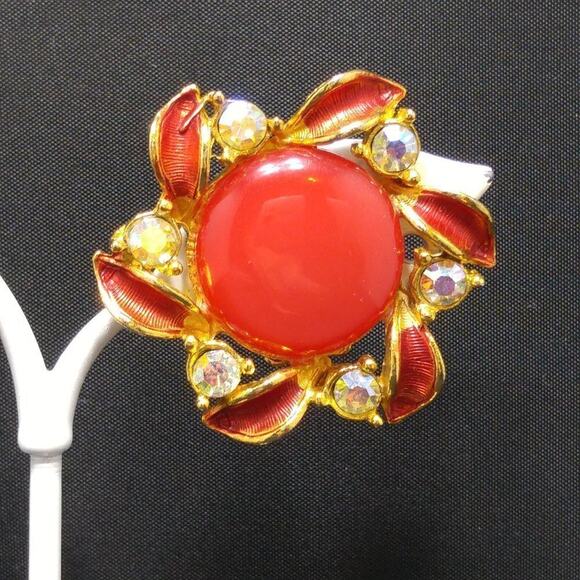 Vintage Red Moonglow Lucite Clip Earrings, Aurora Borealis Rhinestones, 1 1/2 In - Picture 3 of 9